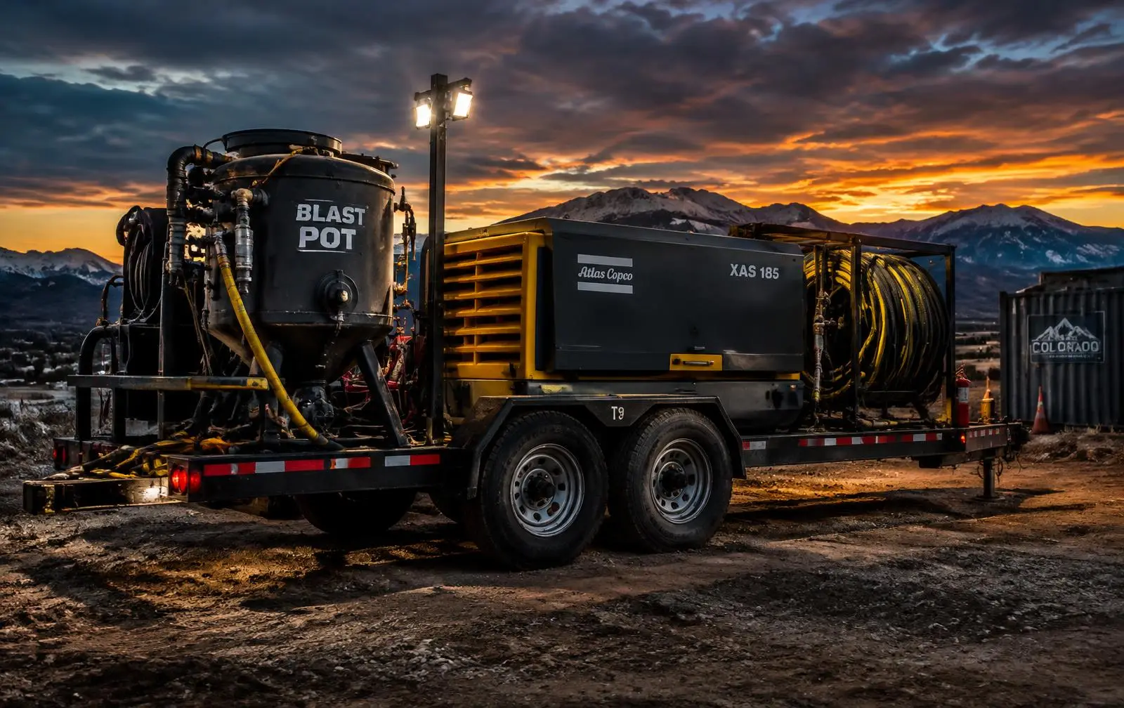 Mobile sandblasting trailer with blast pot and compressor at a job site
