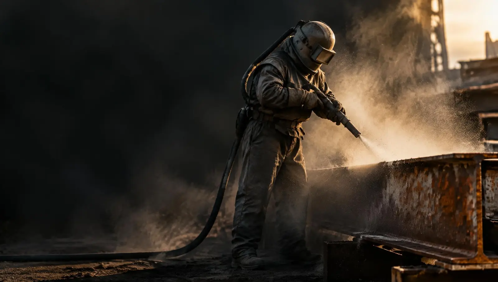 Sandblasting operator in protective gear blasting rust from a steel beam on a job site